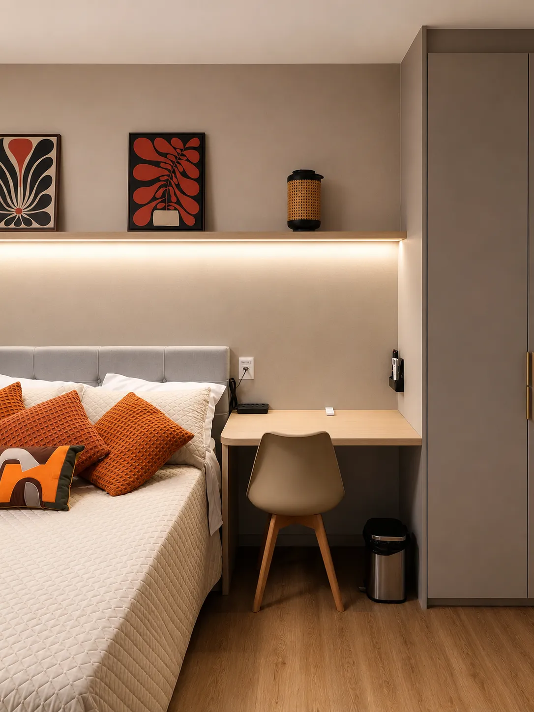 Visão ampliada do quarto evidenciando a cama, uma mesa de trabalho de madeira com cadeira bege encostada na parede, e um armário cinza fechado ao lado.